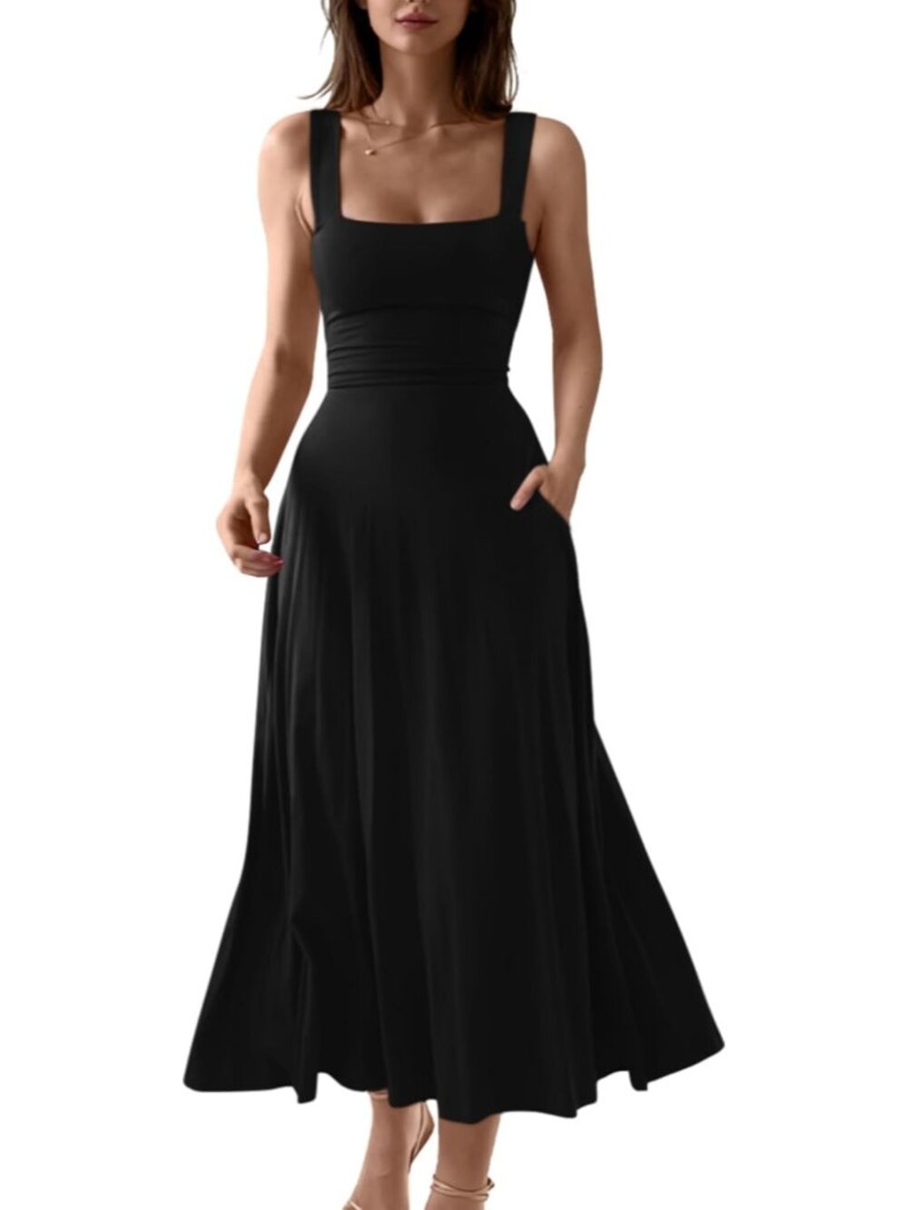 〽️Women WhitenSquare Neck Side Pocket Sleeveless Wedding Guest Party Maxi Dress